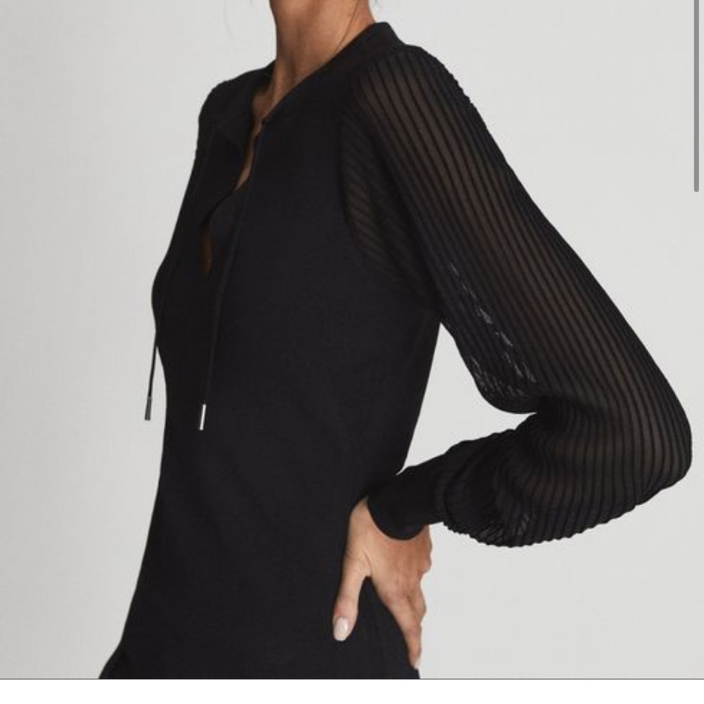 Reiss Black Ribbed Sheer-Sleeve Knit Top